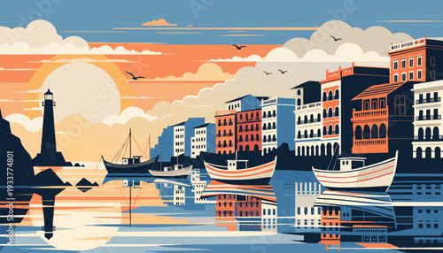 Sunset Coastal City Vector
