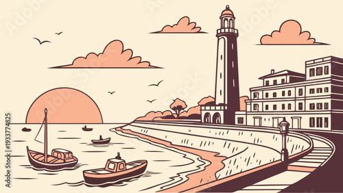 Sunset Coastal City Vector