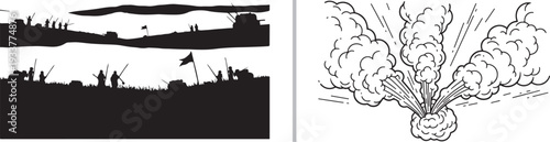 Two military-themed vector illustrations: a black silhouette of a battlefield with soldiers and flags, and a line art drawing of a dramatic explosion with rising smoke plumes and debris.