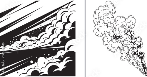 A black and white vector set featuring dramatic comic-style smoke. One panel shows high-speed motion clouds with sharp lines, while the other depicts a rising, billowing plume of smoke.