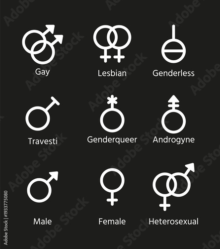 Male, female, transgender, gay and other orientation wedlock symbols. Gender signs. Set outline white icons isolated on black background. Vector illustration. Sexual concept.