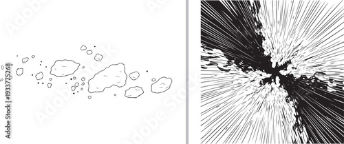A two-panel vector set featuring minimalist outlines of floating rocks or debris on the left, and a dynamic, high-contrast explosion with radiating speed lines and ink splatters on the right.