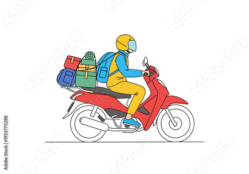 Delivery person wearing protective face mask riding red motorcycle with luggage and presents on back, modern colorful minimalist style, COVID-19 pandemic context, eco-friendly transportation