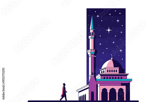A minimalist, modern, stylized, nighttime scene of a person walking towards a majestic mosque with a tall minaret and dome, under a starry sky, in a flat, graphic design style, with a predom