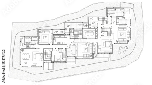High Quality Black Line Art of Stepped Ancient Hillside House Floor Plan Adapting to Terrain, Top View Architectural Layout Illustration