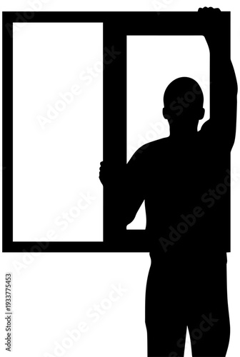 Man installing window frame silhouette vector illustration