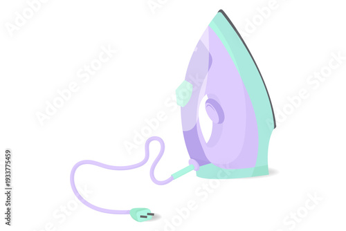 Purple and turquoise electric steam iron with cord and plug, isolated on white. Modern household appliance for garment care and laundry illustration.