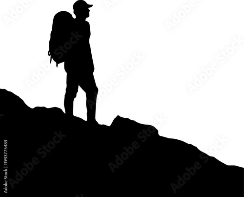 Silhouette of Hiker on Mountain Trail with Backpack in Black and White Vector Illustration