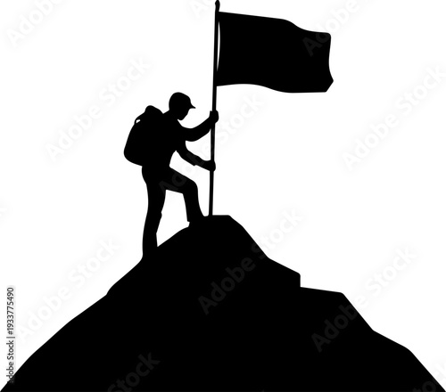 Mountain climber with flag on peak silhouette illustration representing success and achievement