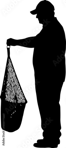 Black Silhouette Vector of a Fisherman or Man Wearing a Cap and Holding a Catch Net