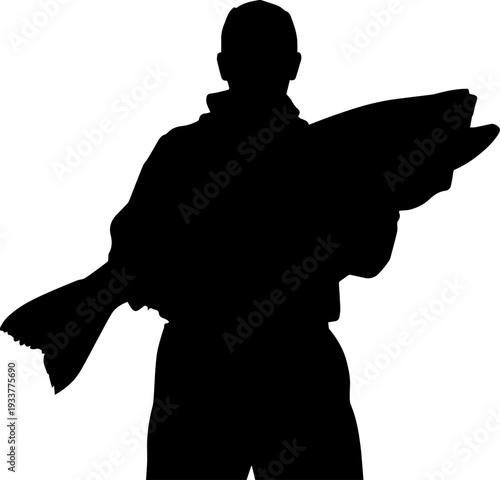 Fisherman proudly holding large fish silhouette vector art