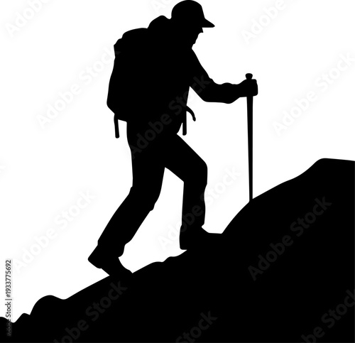 Black Silhouette of a Hiker Climbing Uphill with Backpack and Walking Stick Adventure and Nature Vector
