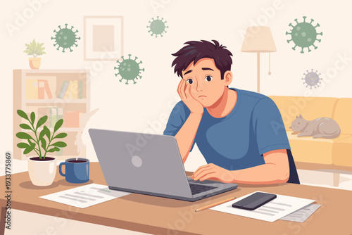 Bored young man working from home during coronavirus outbreak, feeling tired and unproductive at his desk with laptop, coffee, and cat in background, social distancing and isolation concept.