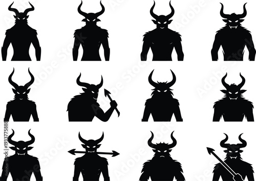 Horned humanoid silhouette illustration set, mythical creature artwork, fantasy demon vector design, character graphic icon, black white symbolic motif