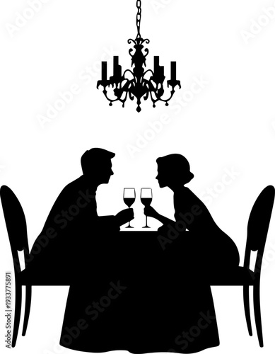 Romantic Couple Dinner Silhouette with Wine Glasses and Chandelier