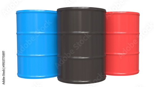Three colorful industrial metal oil barrels, blue black and red steel drums for petroleum storage, fuel industry container concept