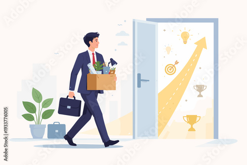 Ambitious businessman carrying office supplies box and briefcase walking through open door towards new career opportunity, success path with growth arrow, light bulbs, and trophies illustration.