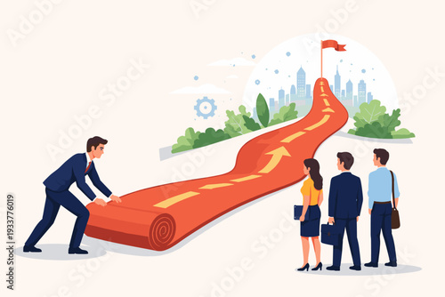 Business leader unrolling a red carpet road with arrows leading to a goal flag and city skyline for a team of employees. Concept of career development, guidance, success, and strategic planning.