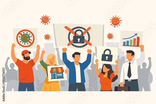 Protesters Gathering to End COVID-19 Lockdown and Reopen Businesses Illustration; People Holding Signs Against Coronavirus Restrictions for Economic Recovery and Freedom in the City Background