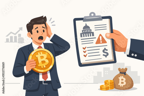 Shocked investor holding Bitcoin coin facing government tax regulation and capital gains assessment on a clipboard, concept of cryptocurrency taxation, financial law, and digital asset profit.