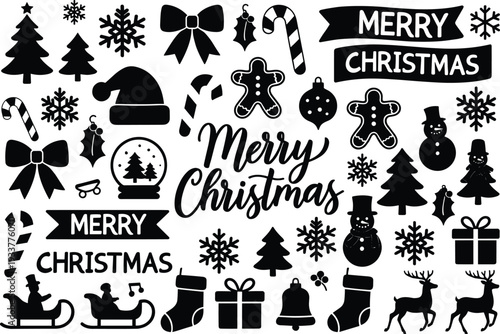 Christmas festive silhouette collage illustration set, holiday decoration artwork, seasonal vector design, celebration graphic motif, black white ornament symbol