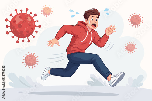 Scared Man in Red Hoodie Running Away in Panic from Floating Coronavirus Cells, Illustrating Fear of Infection, Health Anxiety, and the Mental Stress of the Global COVID-19 Pandemic Outbreak