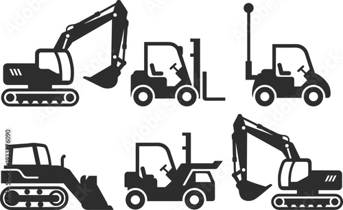 Construction vehicle silhouette illustration set, industrial machinery artwork, heavy equipment vector design, engineering graphic icon, black white work symbol