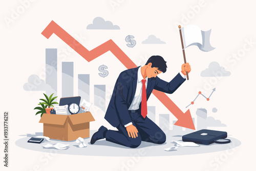 Businessman Surrendering with White Flag During Financial Crisis and Stock Market Crash, Sad Professional Kneeling Near Office Box After Job Loss, Bankruptcy and Economic Failure Vector Illustration