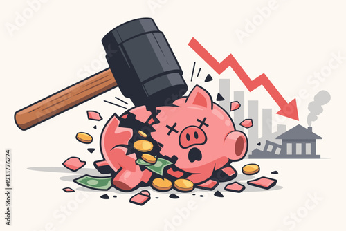 Economic Crisis Concept with Piggy Bank Smashed by a Mallet, Representing Inflation, Stock Market Crash, Financial Recession, Loss of Savings, Pension Fund Value Decrease, and Global Bankruptcy.