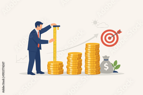 Businessman measuring gold coin stacks with a ruler for investment performance, ROI, financial growth, wealth monitoring, benchmarking, and achieving business goals in flat vector style.
