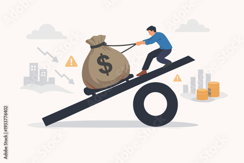 Man Pulling Heavy Money Bag Up a Seesaw Representing High Interest Rates, Financial Debt, and Economic Risk in Monetary Policy, Personal Loan, Mortgage, and Credit Management Concept Illustration