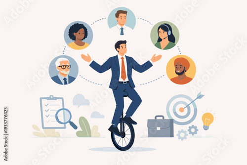 People Management and HR Human Resources Concept with Diverse Team. Businessman Riding Unicycle Balancing Inclusive Career Recruitment, Leadership, Multitasking, and Professional Development.