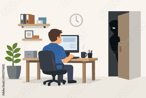 Vector illustration of a man sitting at a desk working on a computer in his office while a mysterious shadowy stalker watches him from behind a door, concept of privacy breach and cyberstalking.