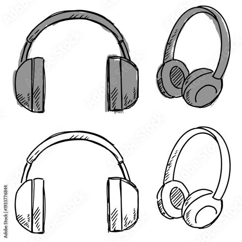 Set editable sketch drawing headphone vector for music blogs. Ideal for symbolizing sketchy audio equipment, rough podcast concepts, and hand drawn listening.
