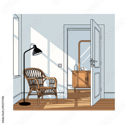 Cozy room interior with wicker chair, floor lamp, and open door