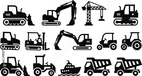 Black Flat Silhouette Construction Vehicle Icons Set Featuring Excavators Bulldozers Cranes Dump Trucks Forklifts and Industrial Machinery Symbols Isolated on White Background for Engineering Design