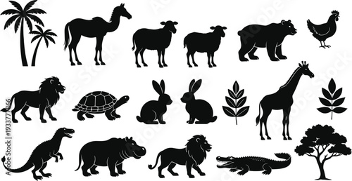 Black Silhouette Collection of Wild and Domestic Animals Including Lion, Giraffe, Camel, Bear, Crocodile, Dinosaur, Sheep, Rabbit, Hippo, Turtle, and Tropical Nature Elements