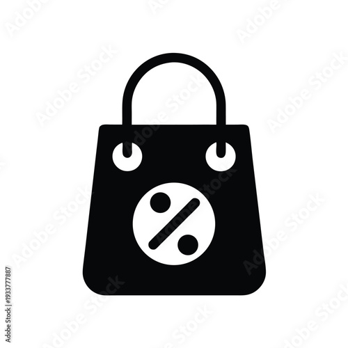 Solid black shopping bag features prominent percentage symbol, indicating retail discounts and sale events