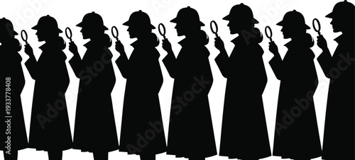 Black silhouette of a female detective in a trench coat and deerstalker hat holding a magnifying glass in a repeating pattern for mystery concepts.