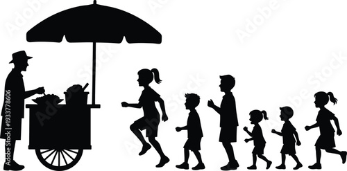 Black silhouette of a street food vendor serving ice cream or snacks from a push cart with an umbrella to a queue of children