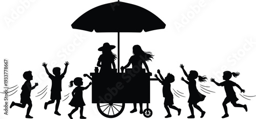 Black silhouette of happy children running toward a street food ice cream cart with vendors under an umbrella isolated on white background