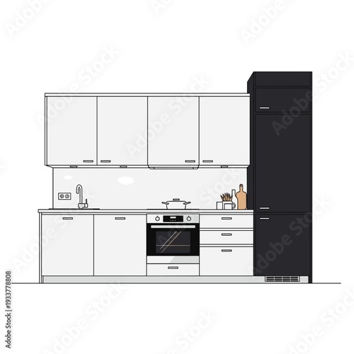 Modern kitchen interior with white cabinets and black refrigerator