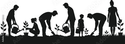 Black silhouette of multi-generational family and diverse community volunteers gardening together planting young saplings and watering plants in a sustainable eco-friendly garden park