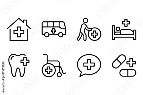 Medical and healthcare icons: hospital, ambulance, patient care, bed, dentist, wheelchair, pills, health talk