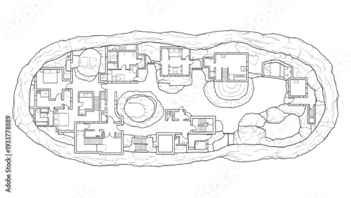 High Quality Black Line Art of Cave Dwelling Floor Plan Carved into Rock with Interconnected Chambers, Ancient Subterranean Architecture Layout, Top View Illustration