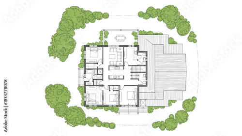 High Quality Black Line Art of Rustic Ancient Farmhouse Layout with Barn Extension and Central Living Space Surrounded by Green Trees, Top View Architectural Floor Plan Illustration
