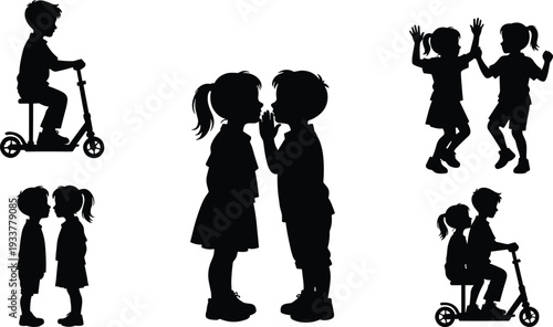 Black silhouettes of children playing together, riding scooters, whispering secrets, and dancing, isolated on white background, perfect for childhood nostalgia and playground vector concepts.