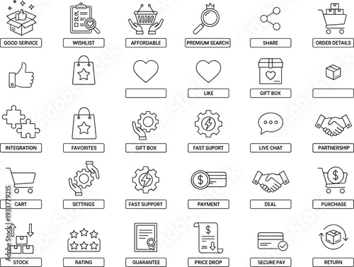 Business e-commerce line icon set, shopping service symbols including wishlist gift box fast support and price drop vector illustration,