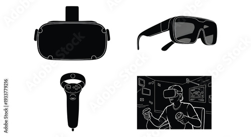 A black and white illustration of virtual reality equipment and a person using it
