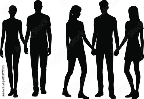 Black silhouettes of young diverse couples holding hands and walking together isolated on white background for romantic relationship and community unity concept designs